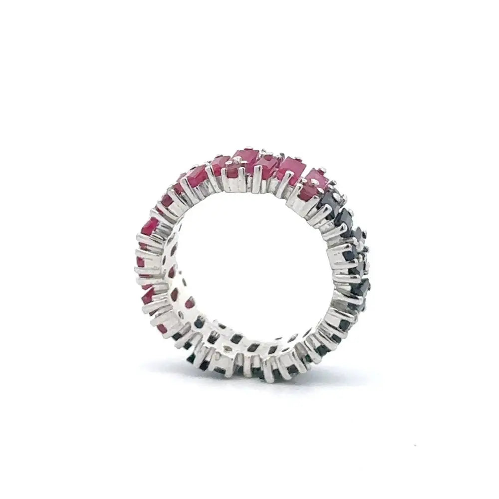 Precious Quality Real Ruby & Blue Sapphire Eternity Band Ring Set In Prong Setting 925 Sterling Silver