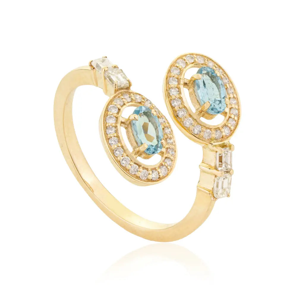 March Birthstone Aquamarine & Diamond 14K Yellow Gold Statement Bypass Ring New Jewelry