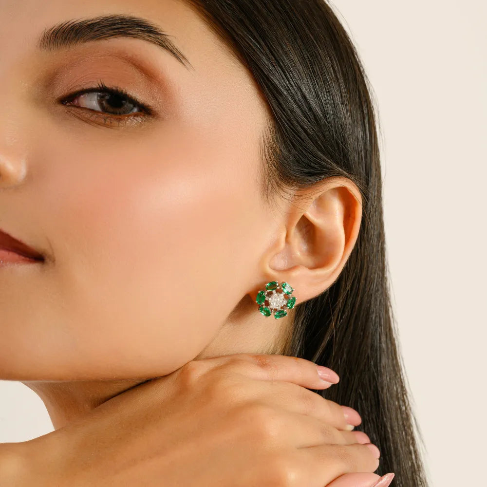 Latest Design Emerald & Diamond Flower Shape Stud Earrings Wholesale 14K Gold Jewelry
