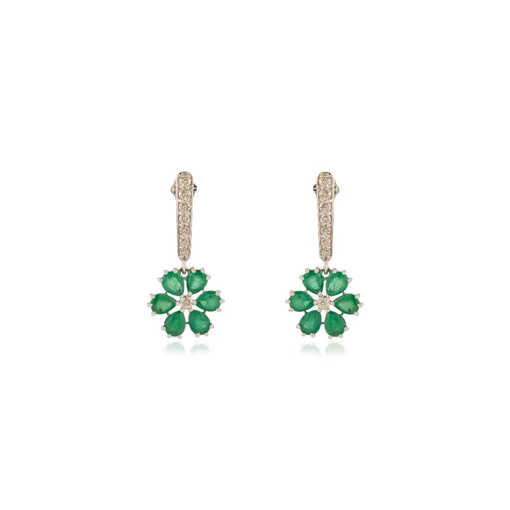 18K White Gold Emerald & Diamond Floral Drop Earrings Handmade May Birthstone Jewelry