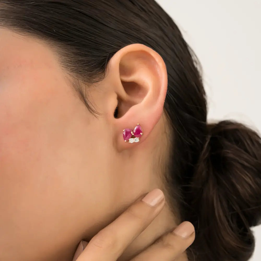 Latest Design Ruby & Diamond Small Gemstone Stud Earrings 14K Real Yellow Gold Fine Jewelry