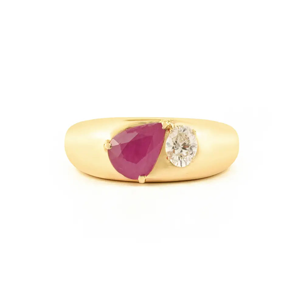 Real K14 Yellow Gold Genuine Ruby & Diamond Toi et Moi Chunky Dome Ring For Wedding