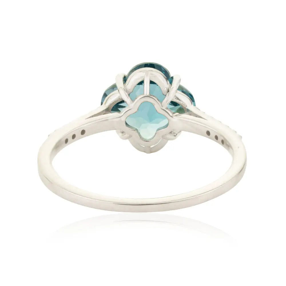 14K Real White Gold Blue Topaz & Diamond Four Leaf Clover Shape Minimal Ring Fine Jewelry