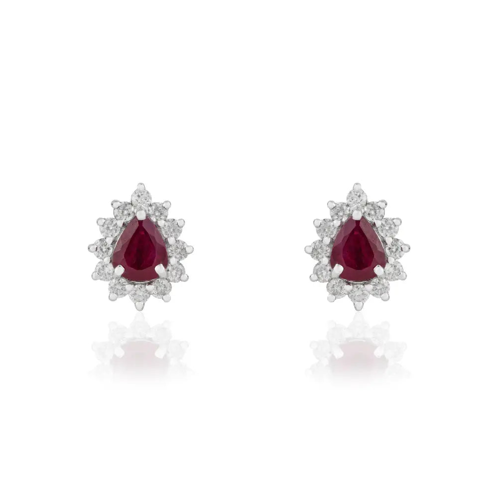 Stunning 18K Real White Gold Ruby & Diamond Pear Shape Cluster Stud Earrings For Women