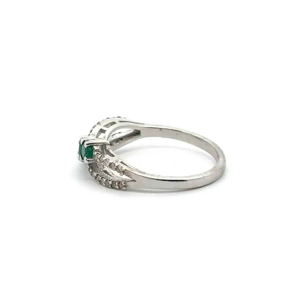 Genuine Emerald & American Diamond Solid 925 Silver Three Stone Ring For Everyday Jewelry