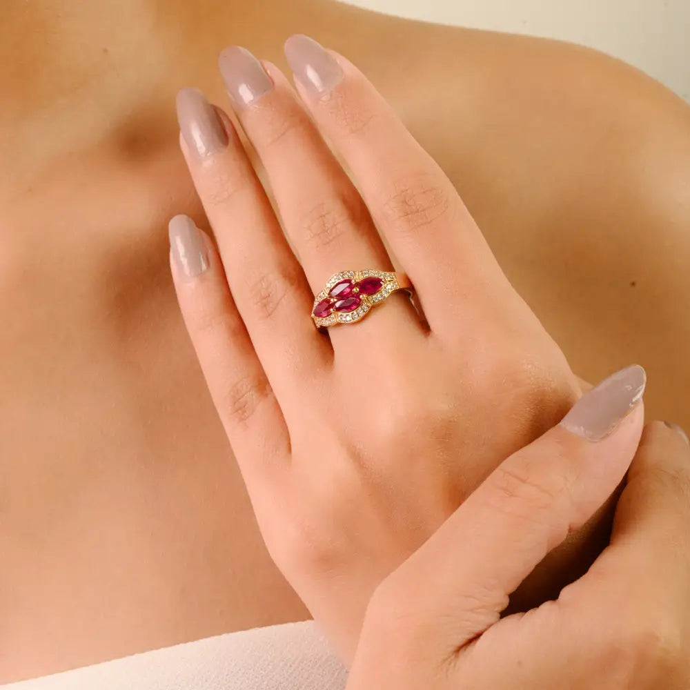 Unique Design 14K Real Yellow Gold Ruby & Diamond Vintage Gemstone Ring Wedding Gift