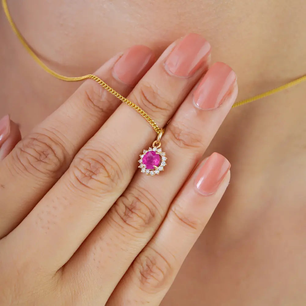 Round Cut Ruby & Diamond Minimal Cluster Pendant Gift For Mom 14K Yellow Gold Jewelry
