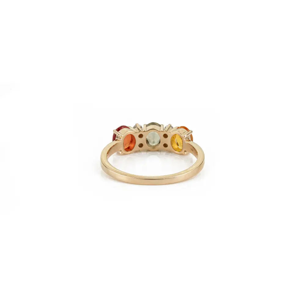 Minimal Simply Multi Sapphire & Diamond Fine Three Stone Ring Pure 14K Yellow Gold Jewelry
