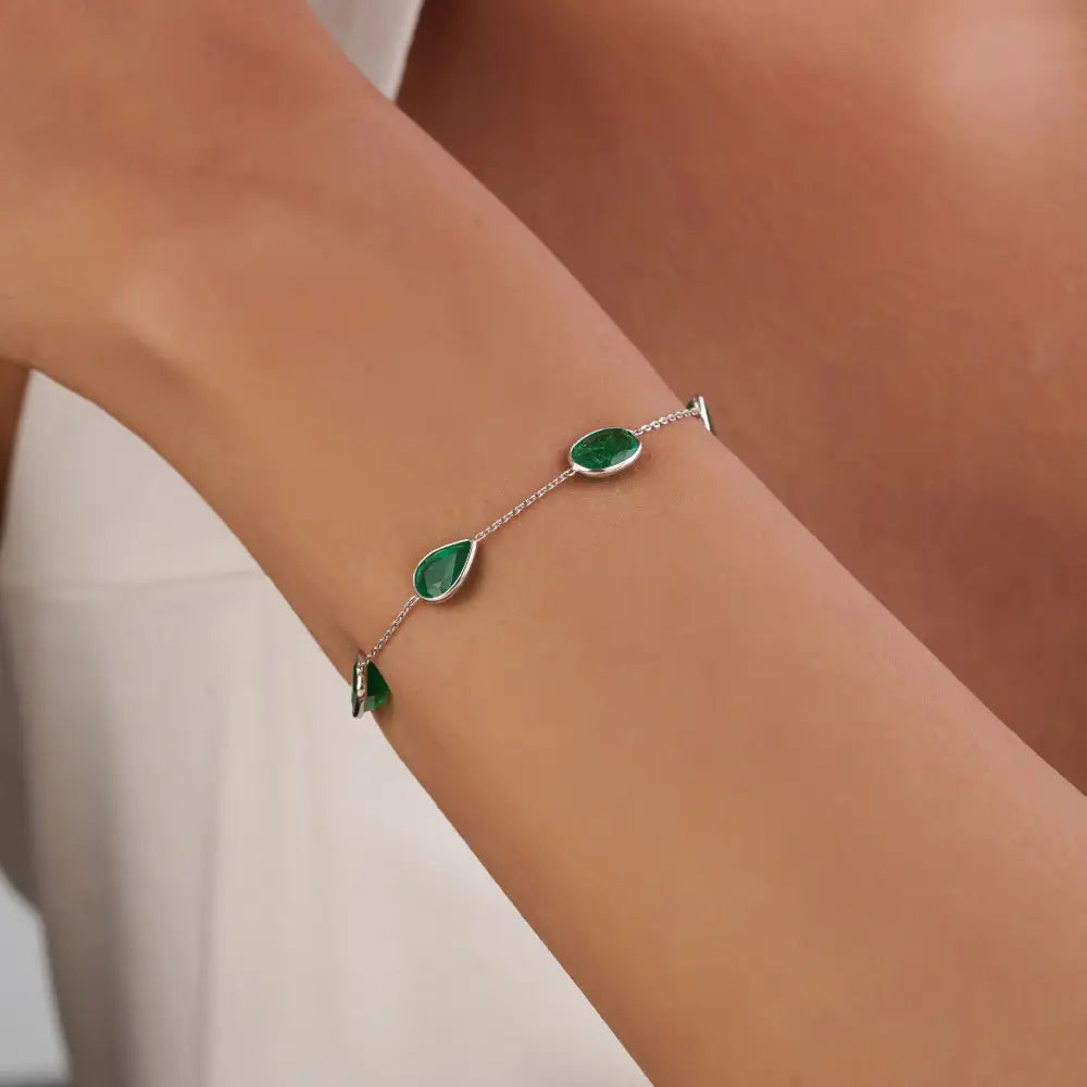 Mixed Shape Emerald Stone Solid K14 White Gold Station Bracelet Precious Jewelry Supplier