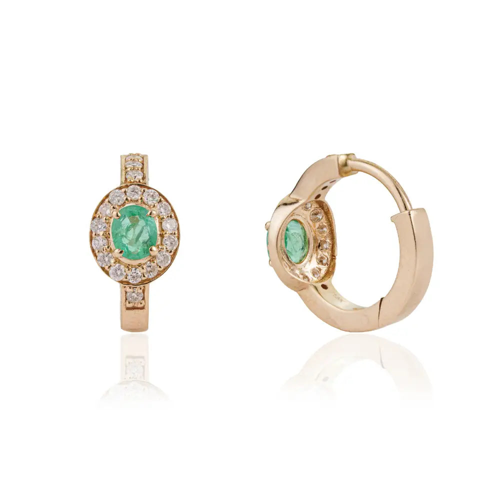 Latest Dainty Design Emerald & Diamond 14K Yellow Gold Mini Hoop Earrings Daily Wear Jewelry
