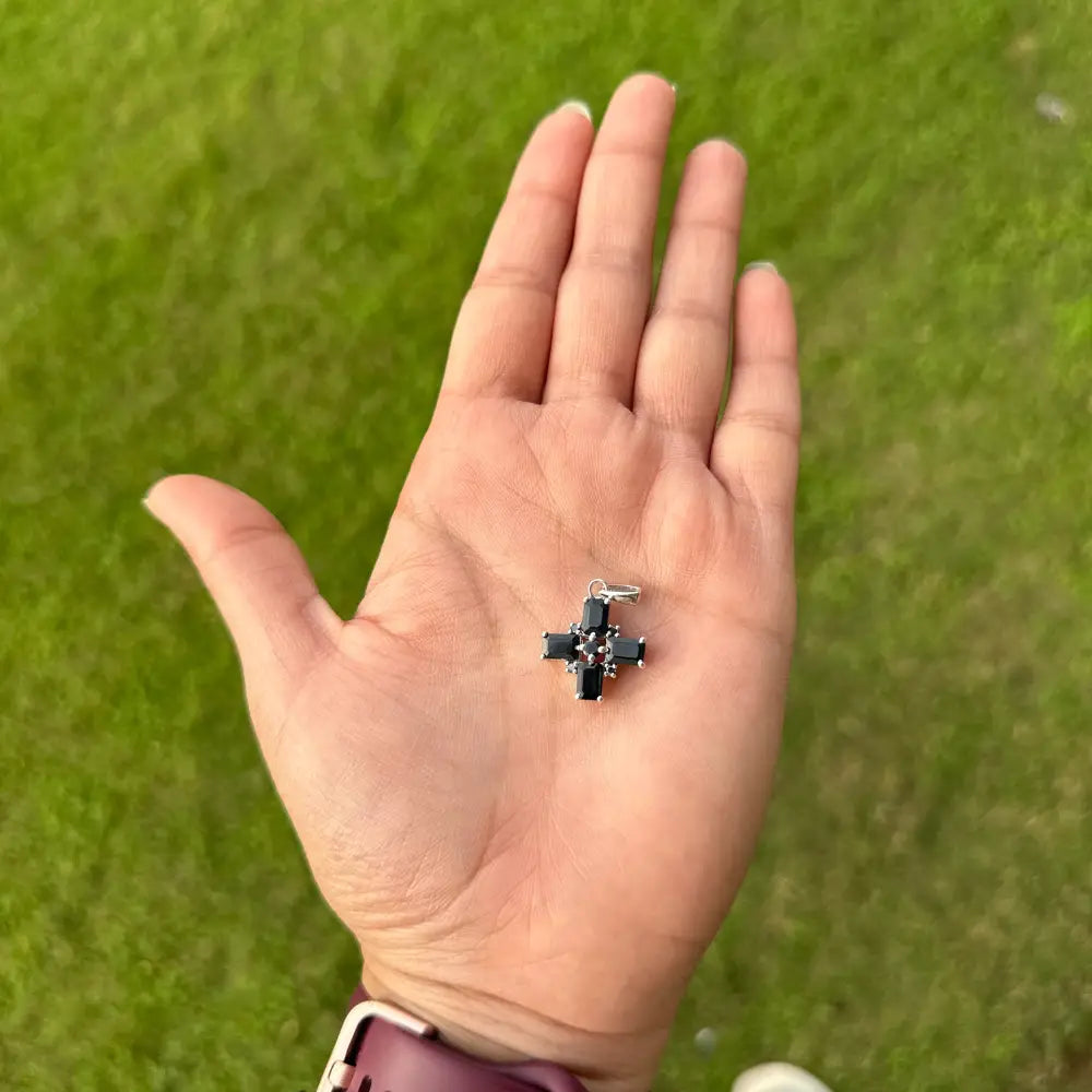 September Birthstone Real Blue Sapphire & Black American Diamond Cross Pendant In Prong Setting