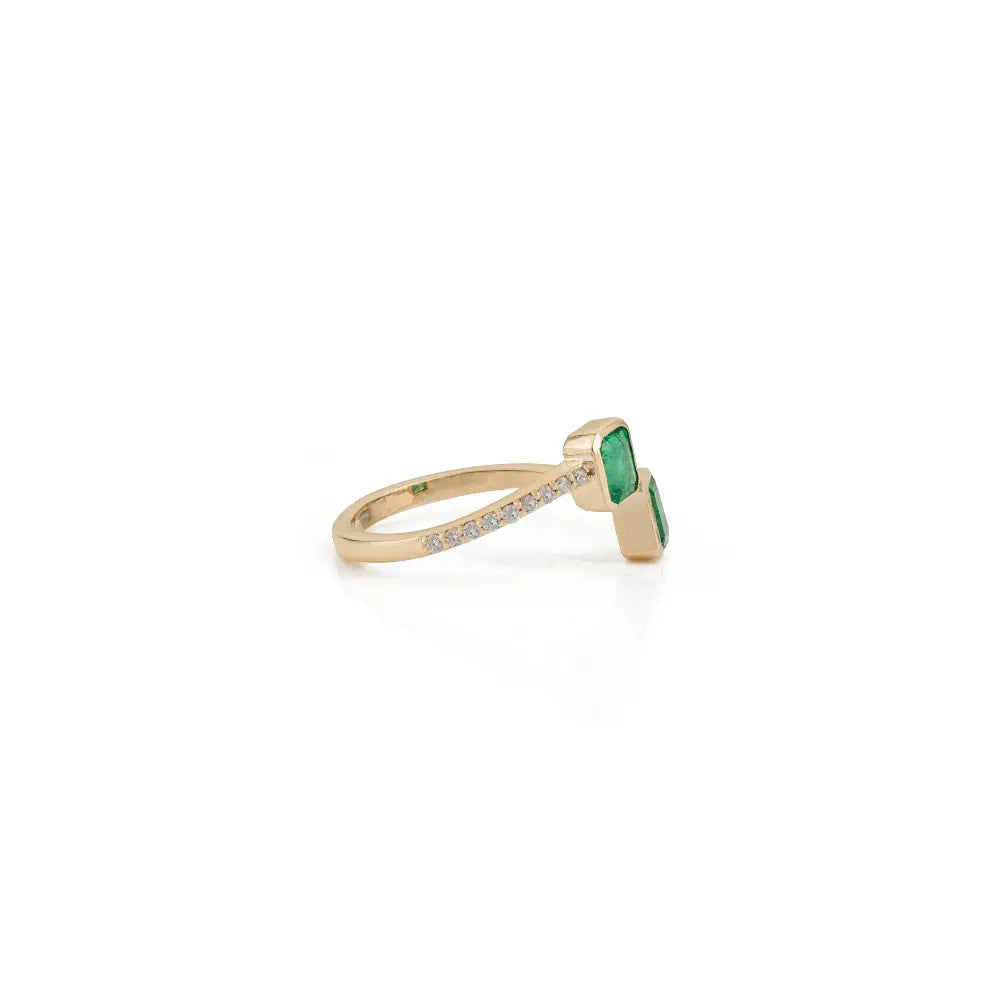 4x5 mm Octagon Cut Emerald & Diamond Open Bypass Ring Minimal 14K Yellow Gold Jewelry