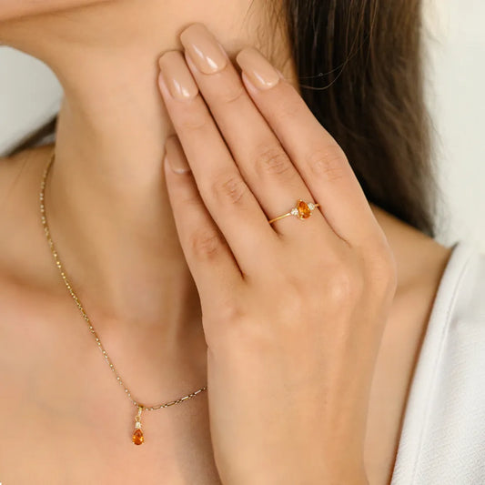Ring Earrings & Pendant Citrine & Diamond 3 Pcs Combo Jewelry Set Solid Yellow Gold