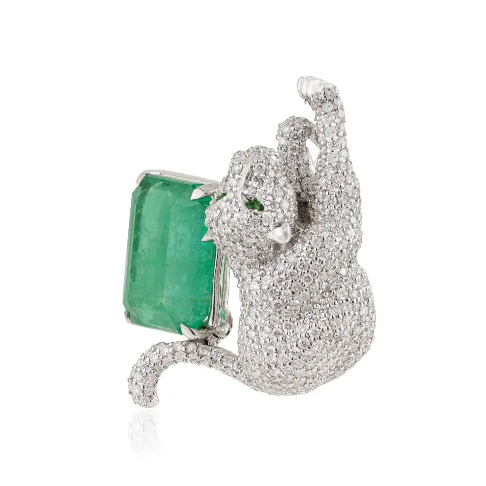 6.5 Ct. Zambian Emerald & Diamond Panther Brooch Party Wear 14K Real White Gold Jewelry