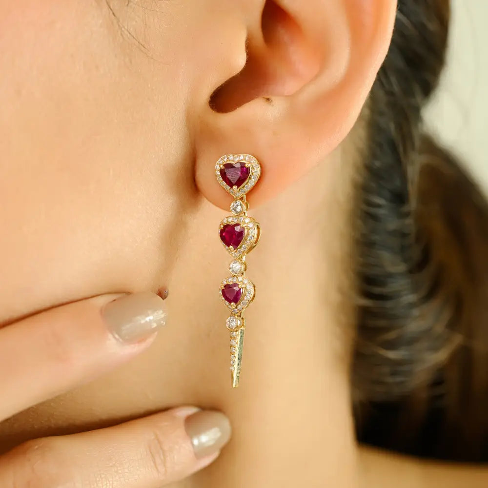 Top Quality Ruby & Diamond Trio Heart Long Dangle Earrings 18K Real Yellow Gold Jewelry