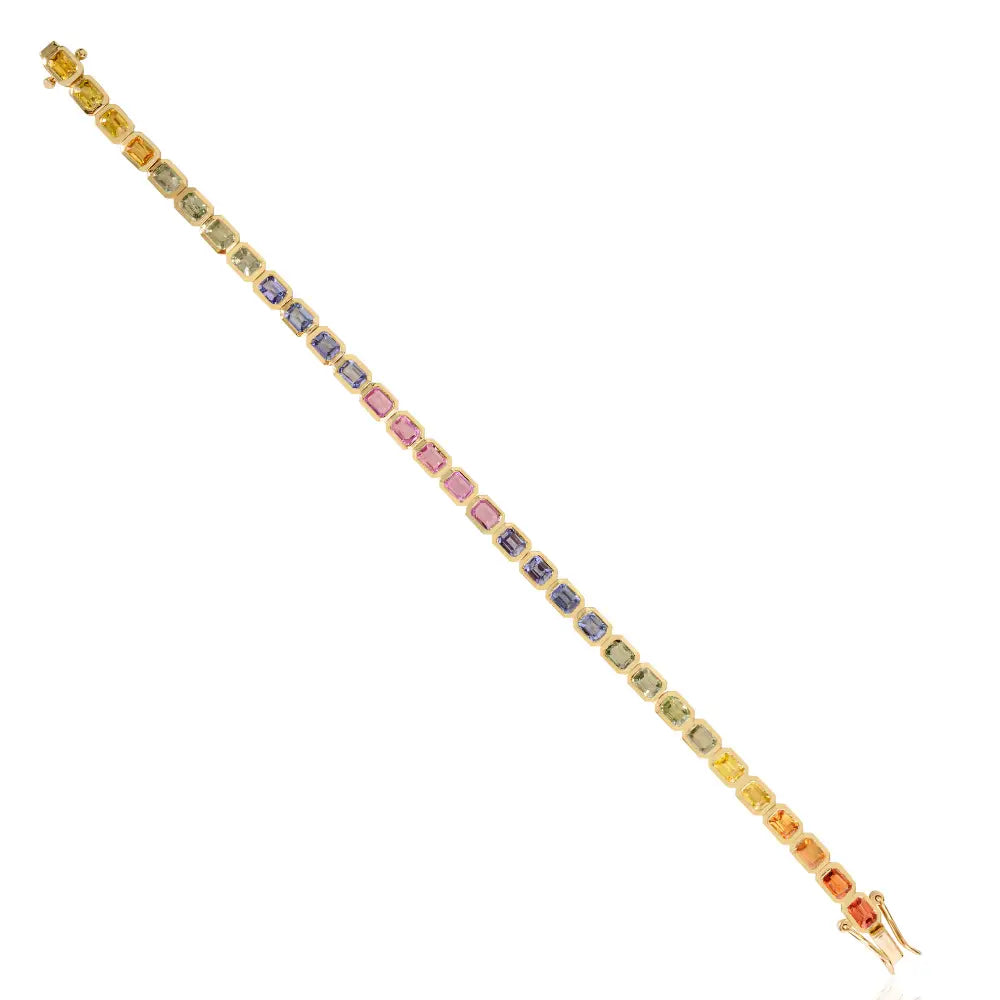 Colorful Gemstone Multi Sapphire 14K Solid Yellow Gold Tennis Bracelet Stack Jewelry