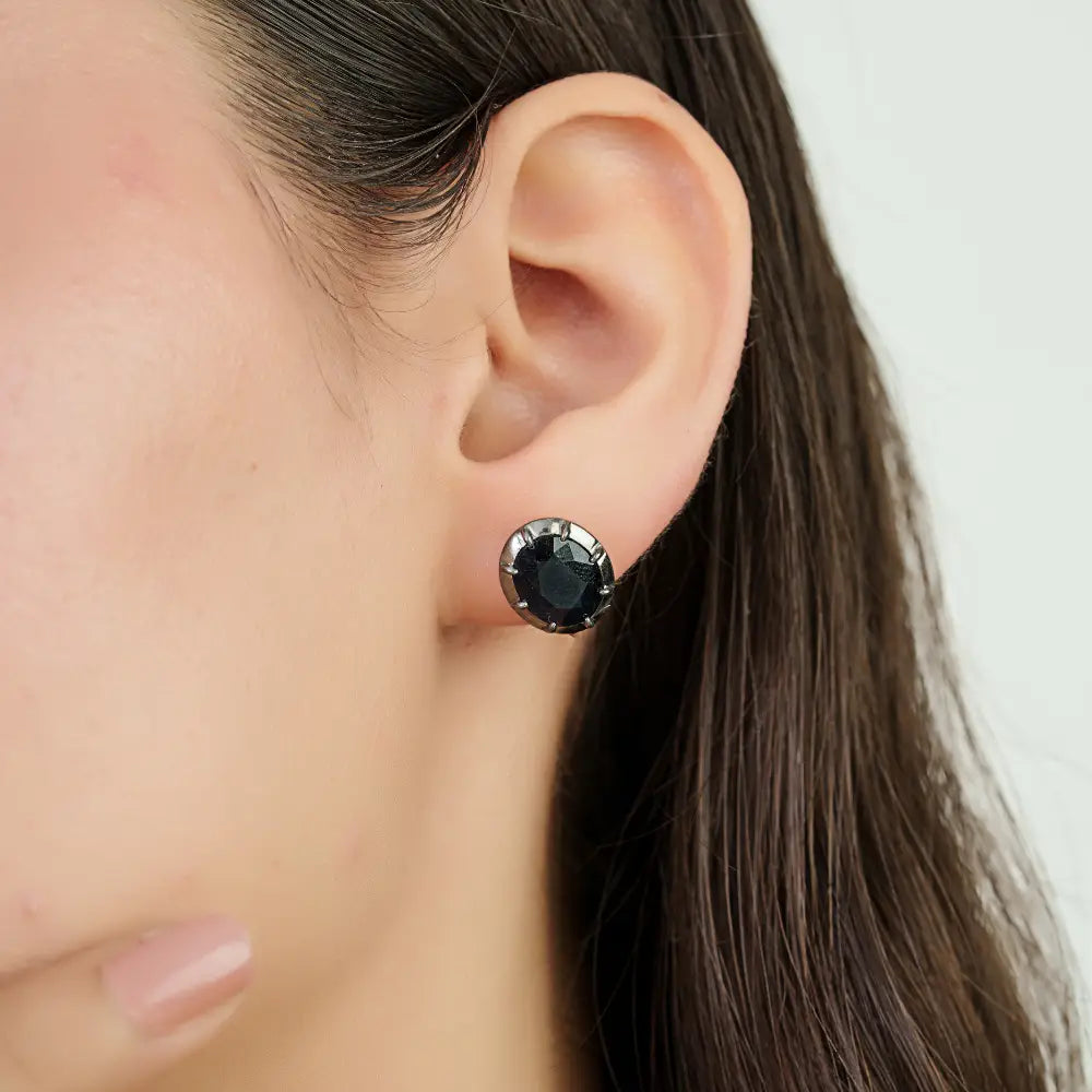 Solid 14K Yellow Gold Blue Sapphire Black Rhodium Plated Solitaire Stud Earrings Fine Jewelry