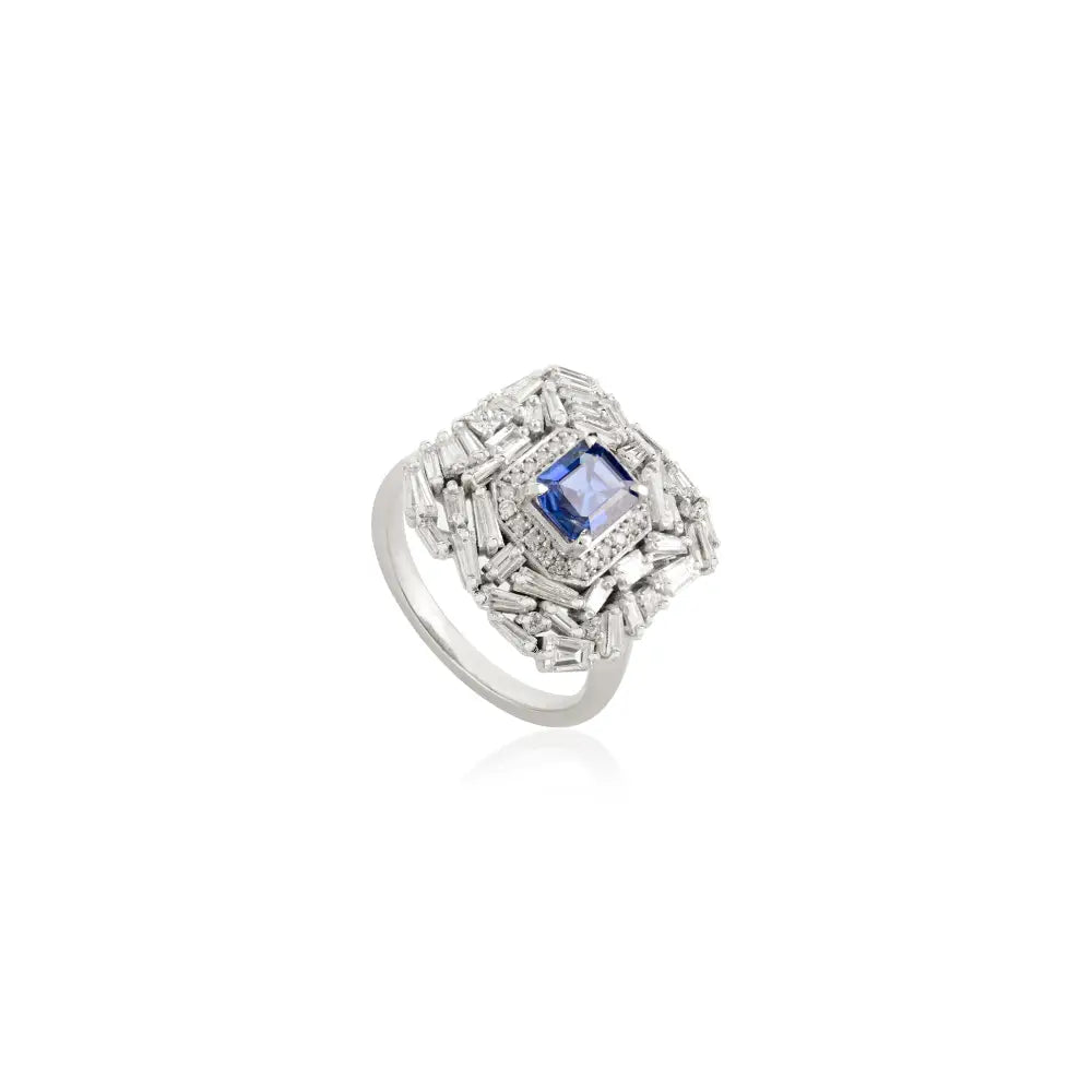 14K White Gold Blue Sapphire & Diamond Statement Ring Luxury Bold Jewelry Manufacturer