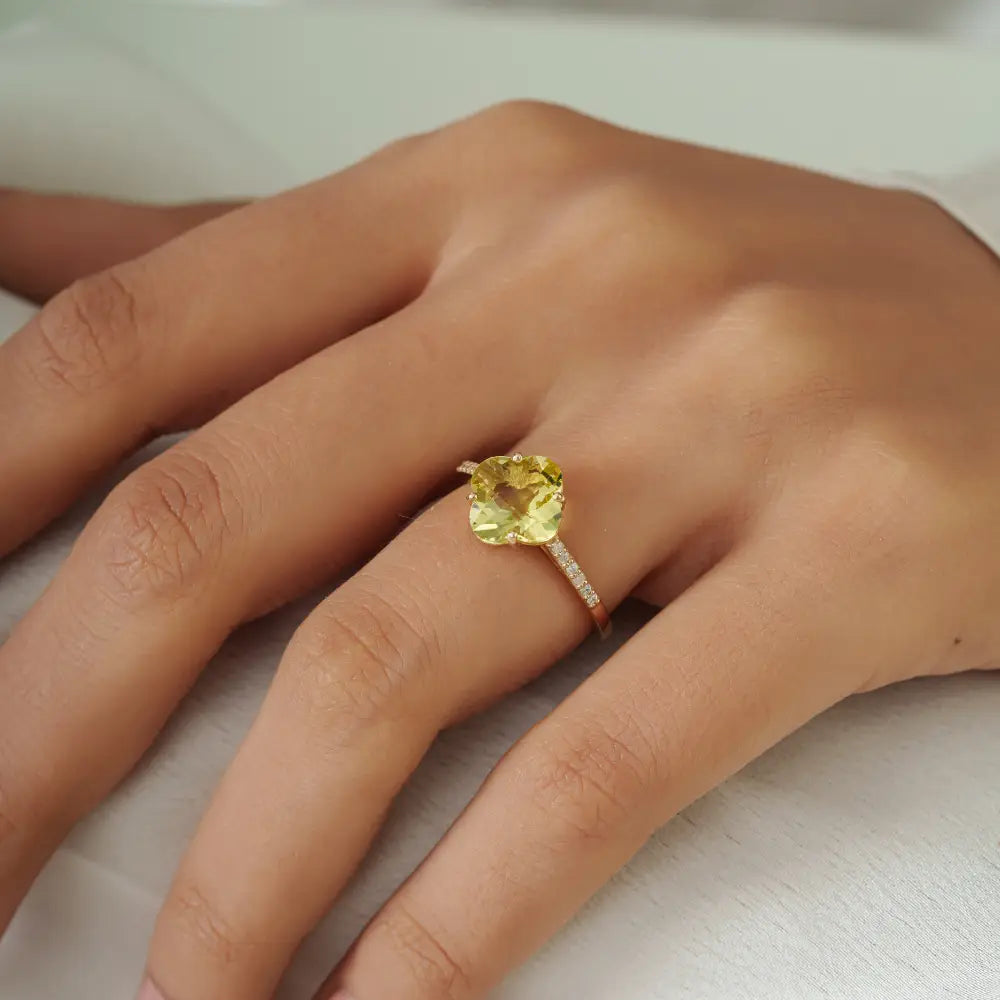 Semi Precious Gemstone Lemon Topaz & Diamond Flour Leaf Clover Shape Ring 14K Gold