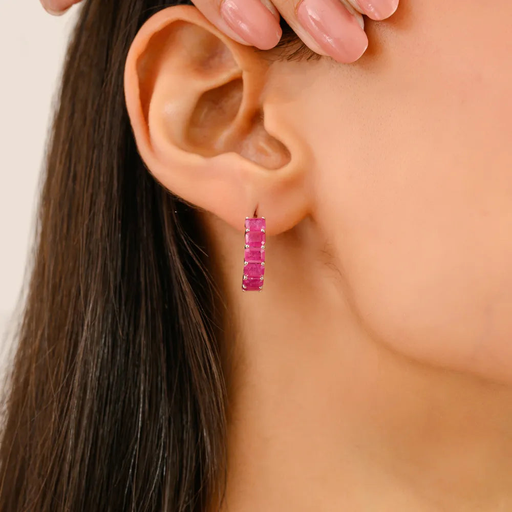 High Quality Genuine Ruby Small Hoop Earrings Anniversary Gift Solid 14K White Gold Jewelry