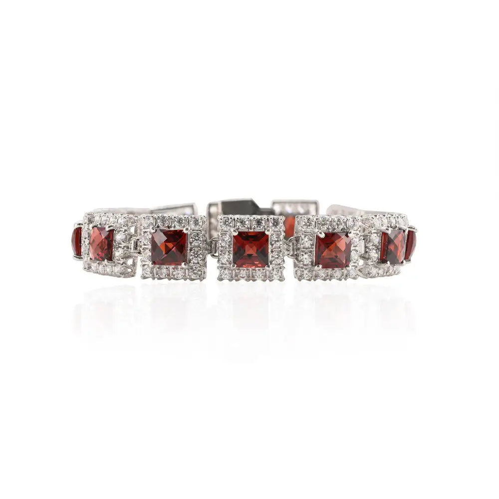 Cushion Cut Garnet & Round American Diamond Halo Tennis Bracelet Set In Pure 925 Sterling Silver