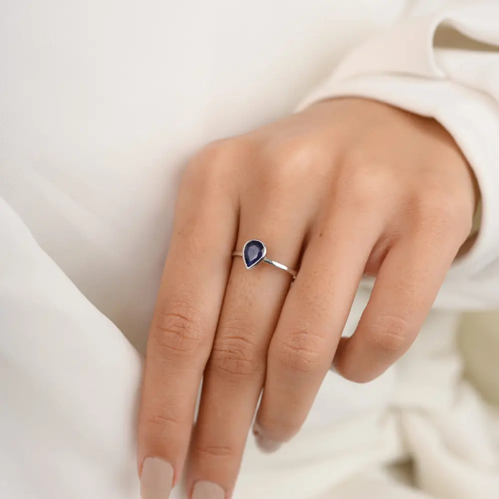 Natural Pear Shape Blue Sapphire K14 Solid White Gold Handmade Ring