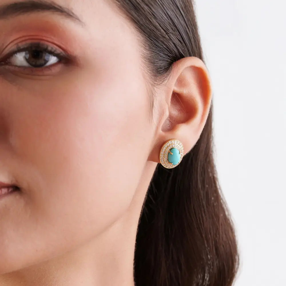 9x6mm Oval Cut Turquoise & Diamond Handmade Double Halo Stud Earrings 14K Yellow Gold