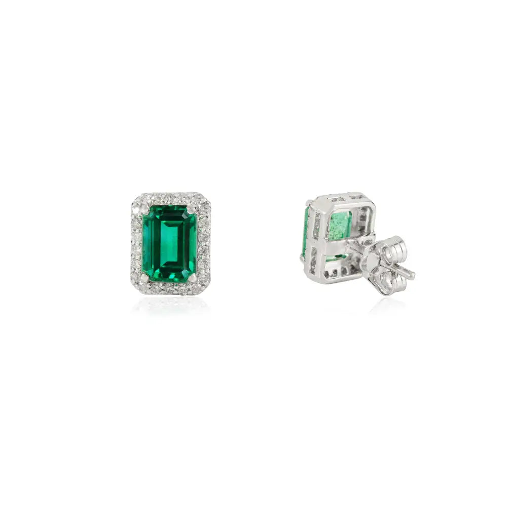 Push Back Stud Earrings In Natural Emerald & Diamond 14K Solid Yellow Gold Everyday Jewelry