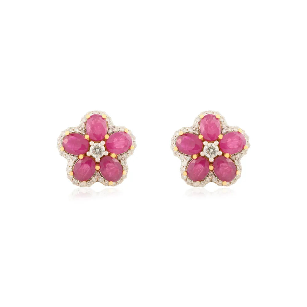 K14 Real Yellow Gold Ruby & Diamond Flower Shape Stud Earrings For Women Unique Design