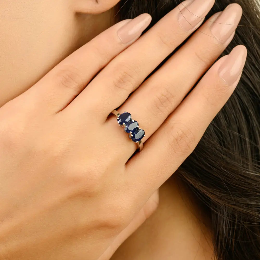 Elegant Design Oval Shape Blue Sapphire Three Stone Ring For Unisex 14K Real White Gold