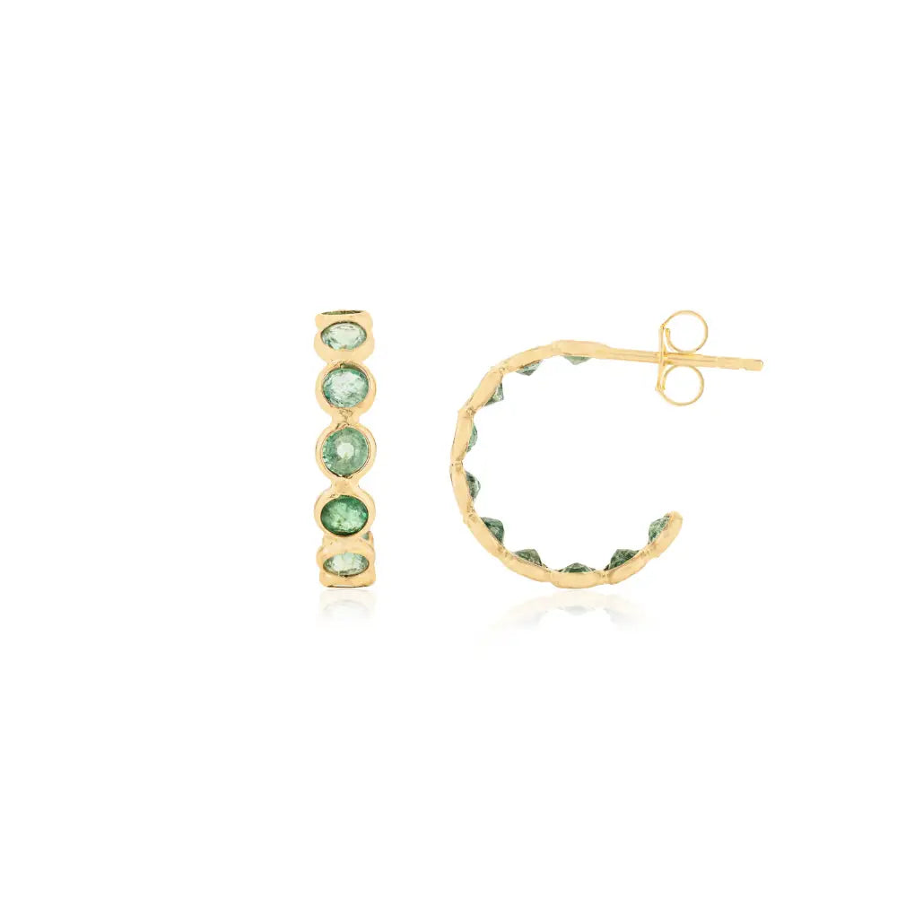 18K Real Yellow Gold Emerald Dainty C Hoop Earrings May Birthstone Everyday Jewelry
