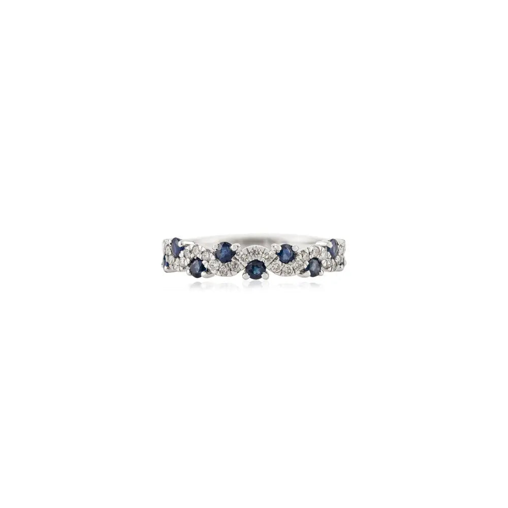 Round Cut Blue Sapphire & Diamond Wavy Shape Half Eternity Band Ring 14K Gold Jewelry