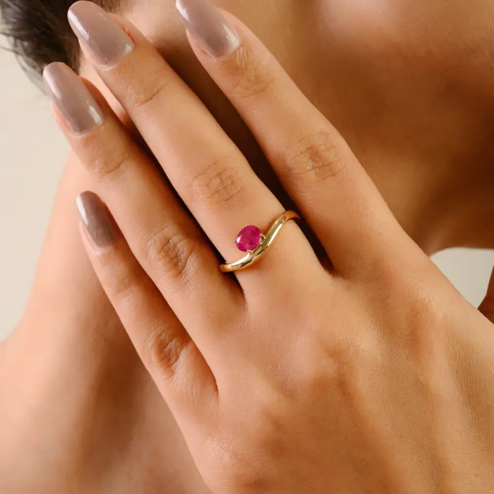 Prong Setting Natural Ruby Gemstone Simple Wavy Ring Pure 14K Yellow Gold Gift For Her
