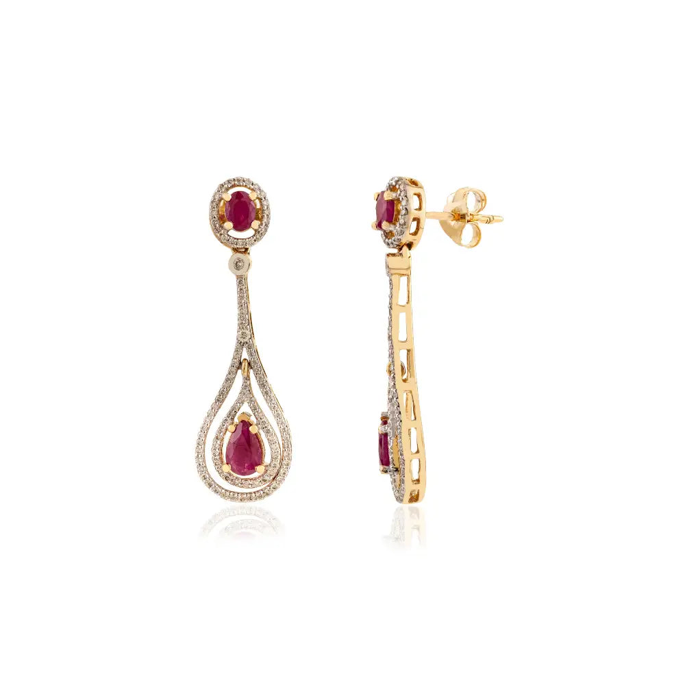 Prong Set Ruby & Diamond 18K Real Yellow Gold Teardrop Dangle Earrings July Birthstone