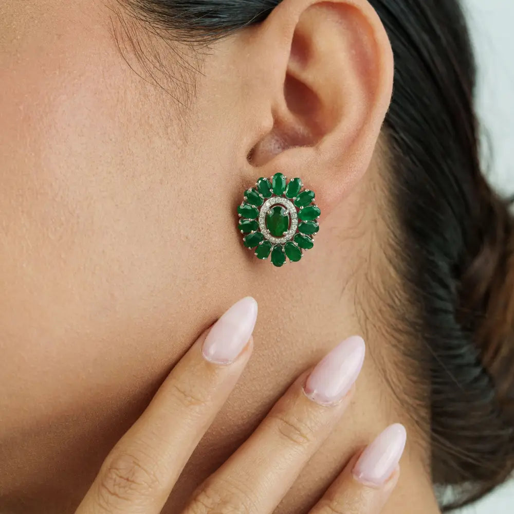 Floral Inspired Zambian Emerald & Diamond Halo Statement Stud Earrings 14K White Gold