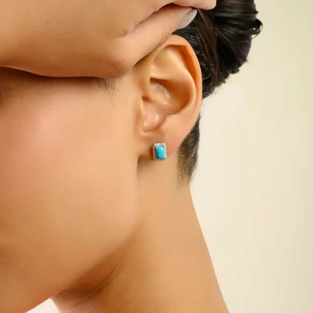 Cabochon Cut Turquoise & Diamond Minimal Halo Stud Earrings 18K Real Yellow Gold