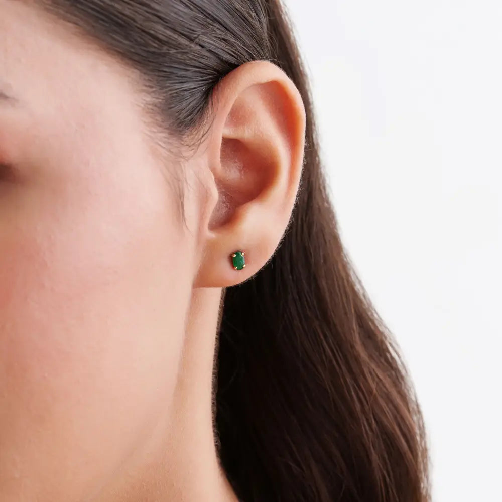Delicate Design 14K Yellow Gold Genuine Emerald Single Stone Minimal Stud Earrings
