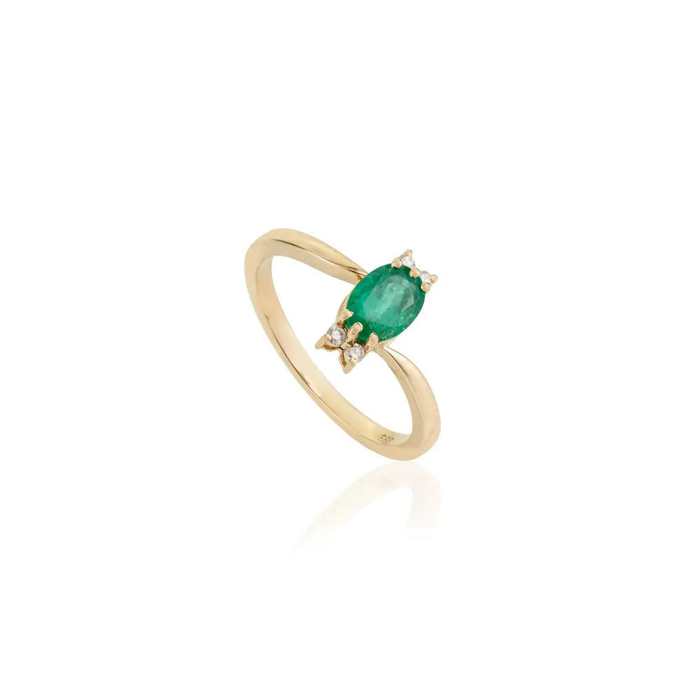 7x5 mm Emerald & Diamond K14 Real Yellow Gold Minimal Gemstone Ring May Birthstone