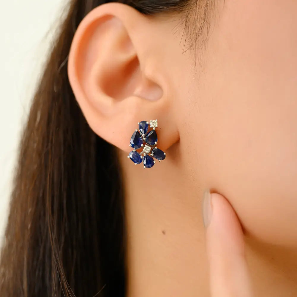 Prong Set Blue Sapphire & Diamond Real 14K White Gold Unique Design Statement Stud Earrings