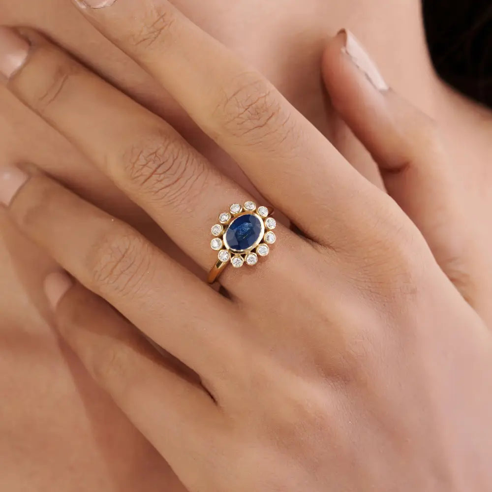 Floral Inspired Blue Sapphire & Diamond East West Cluster Ring Real K14 Yellow Gold Fine Jewelry