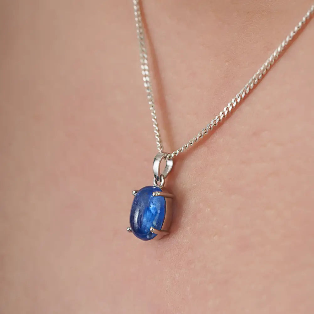 Cabochon Cut Blue Sapphire Single Stone Pendant Pure 14K White Gold September Birthstone