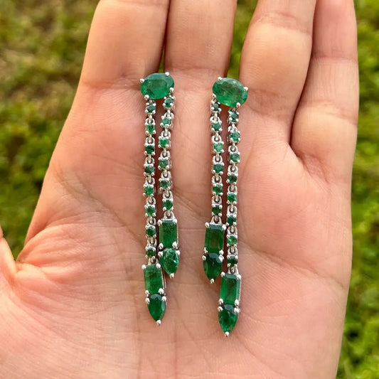 Luxury Jewelry Natural Mix Shape Emerald Long Dangle Statement Earrings Set In Prong Setting