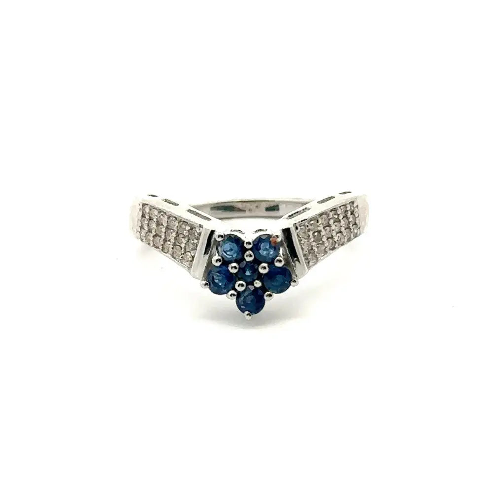 Real Blue Sapphire & American Diamond Flower Band Ring For Women September Birthstone Jewelry