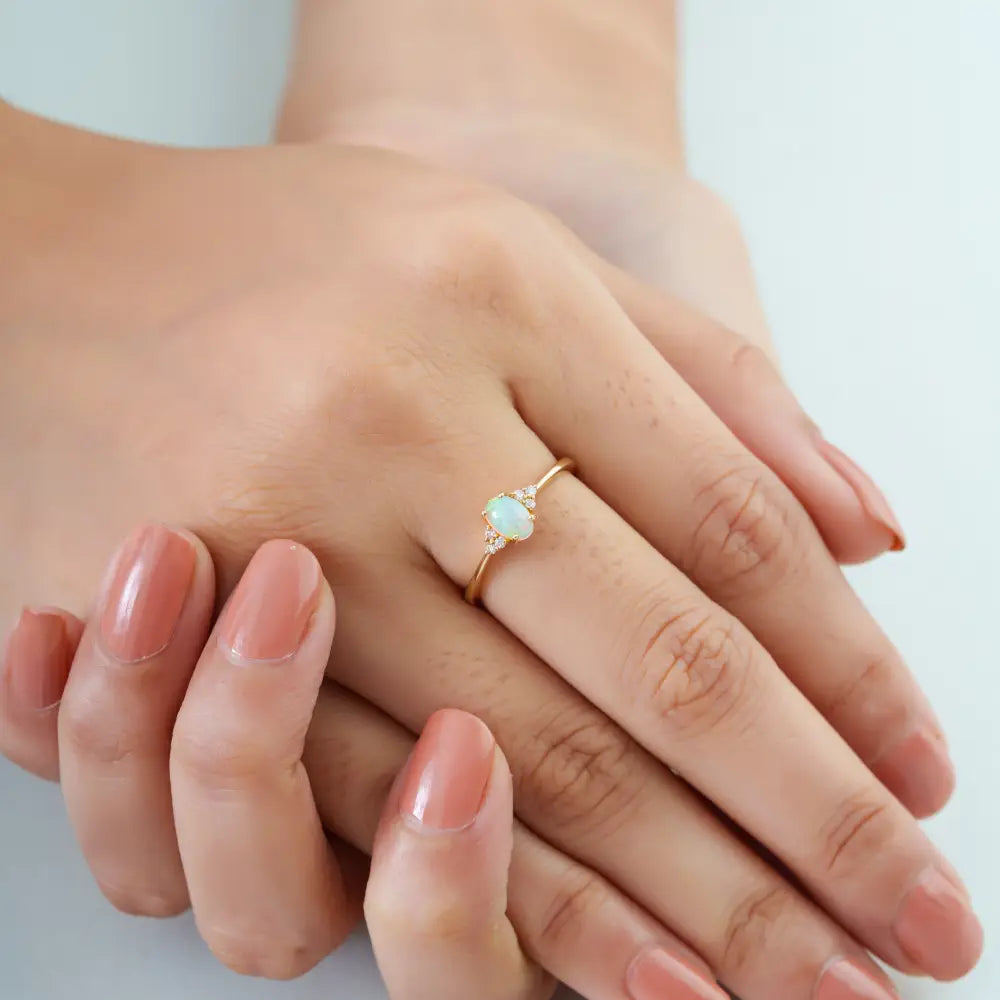 Dainty Stacking Design 14K Yellow Gold Opal & Diamond Minimalist Ring For Daily Wear Jewelry