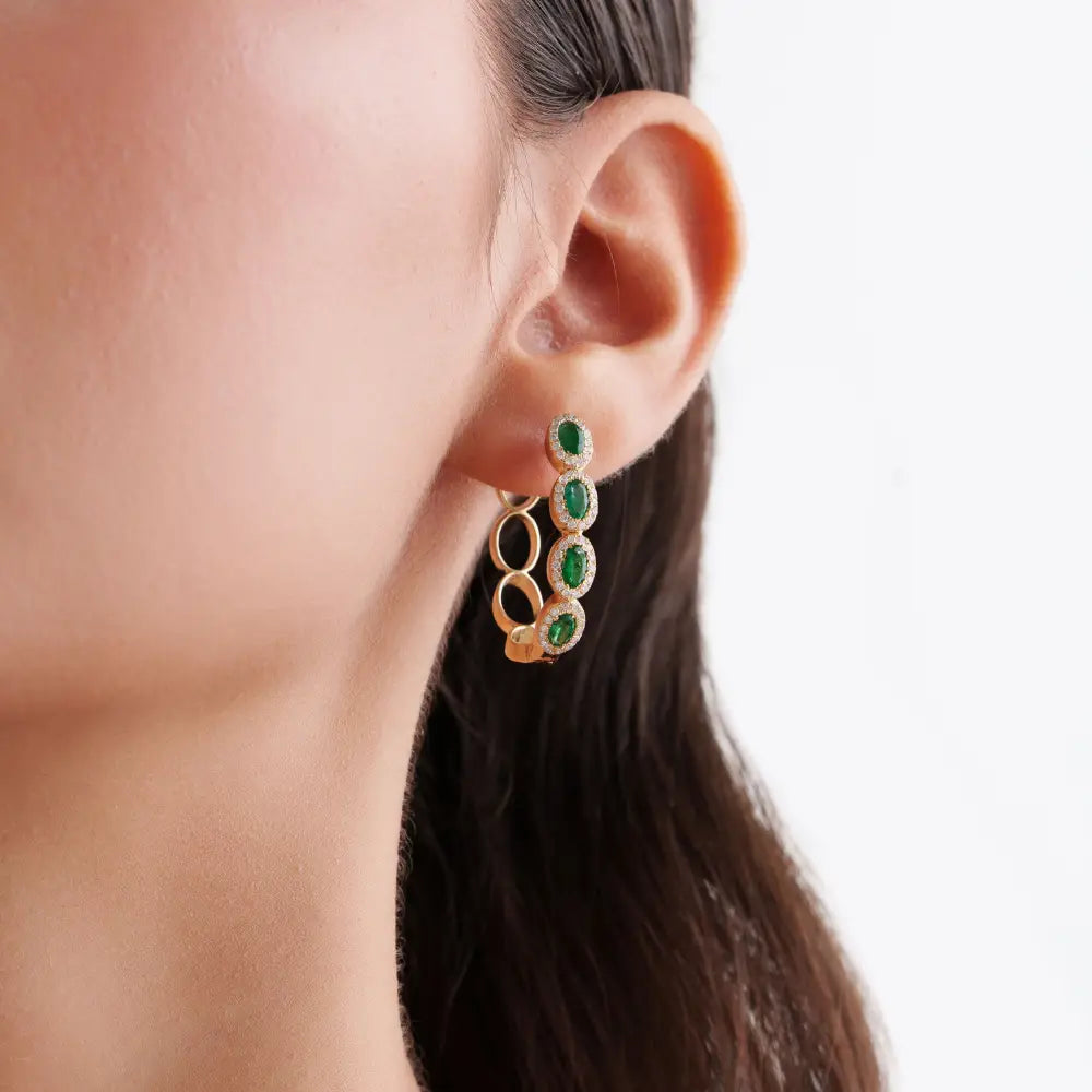 Latest New Arrivals 14K Yellow Gold Emerald & Diamond Statement Hoop Earrings For Wedding