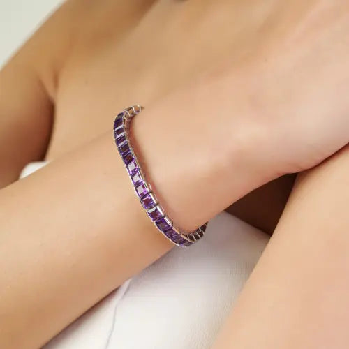 4x4 mm Princess Cut Natural Amethyst Gemstone 925 Silver Tennis Bracelet For Women's