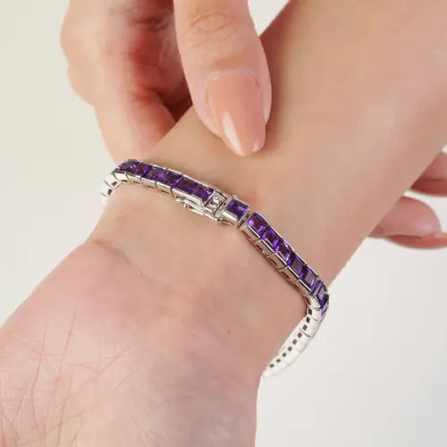 4x4 mm Princess Cut Natural Amethyst Gemstone 925 Silver Tennis Bracelet For Women's