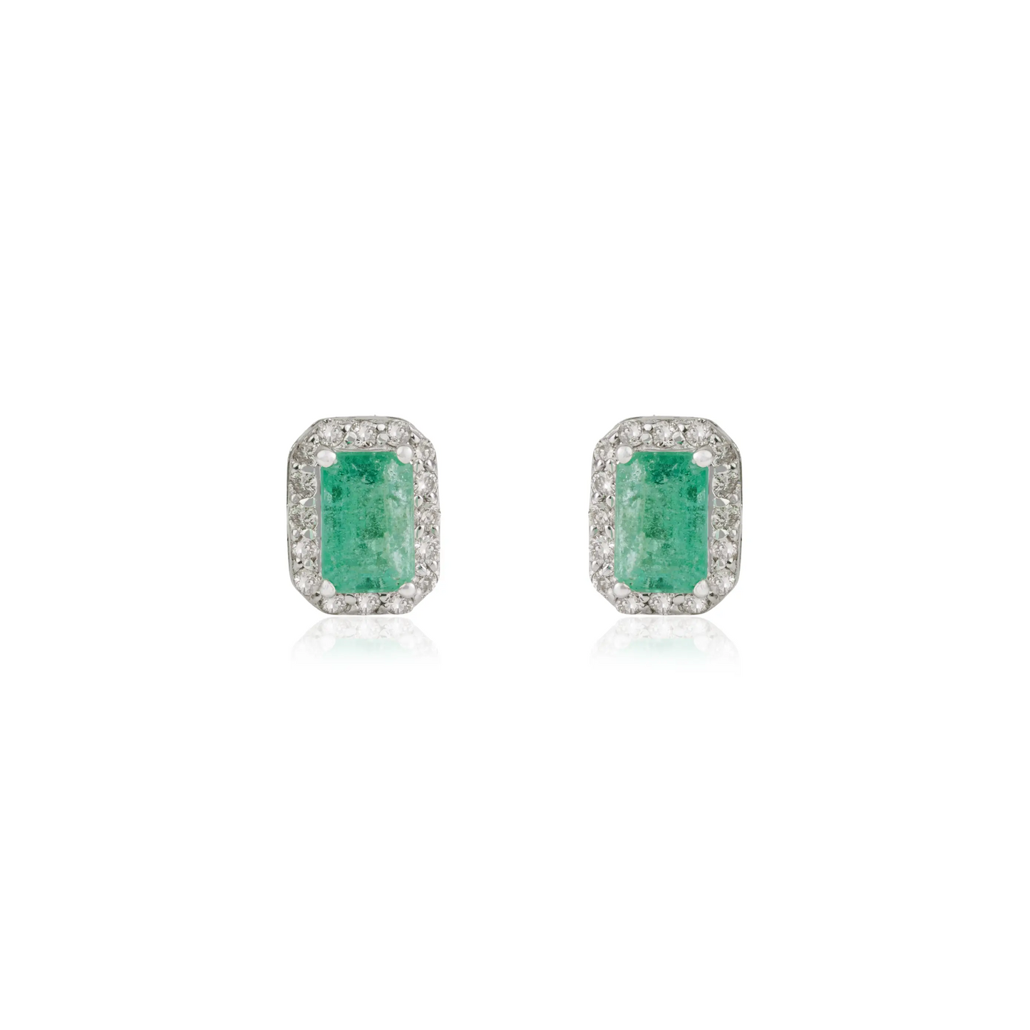 Minimal Design 925 Sterling Silver Natural Emerald & Diamond Halo Studs Fine Earring