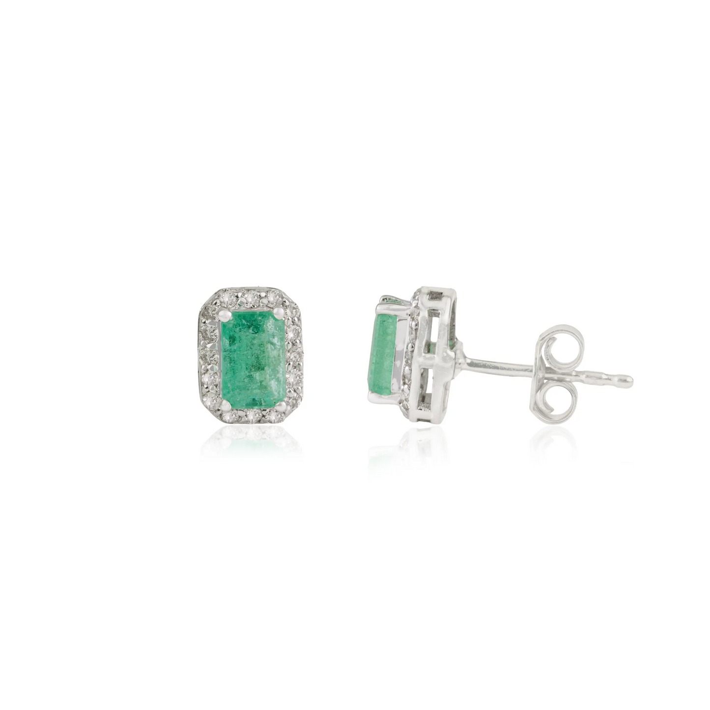 Minimal Design 925 Sterling Silver Natural Emerald & Diamond Halo Studs Fine Earring