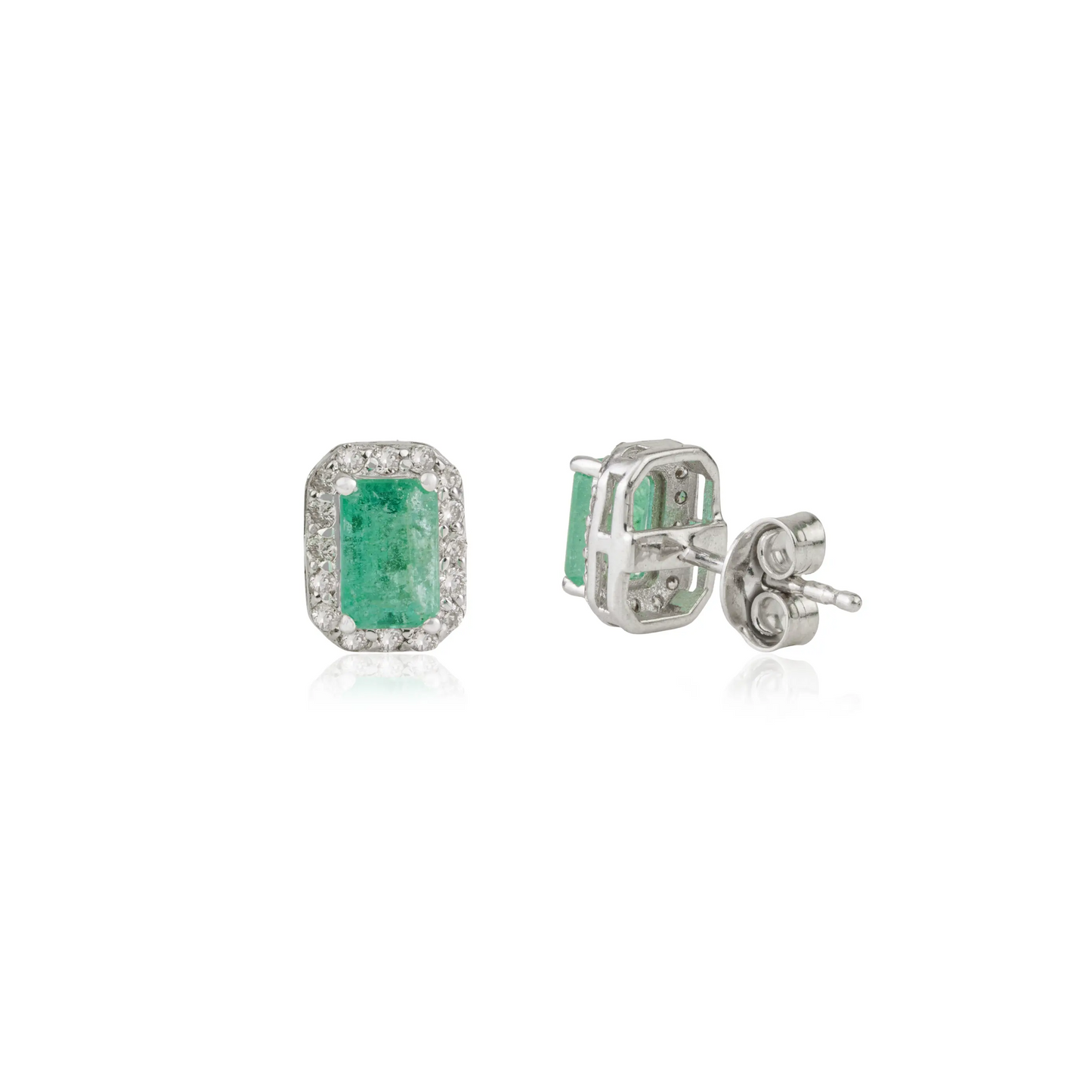 Minimal Design 925 Sterling Silver Natural Emerald & Diamond Halo Studs Fine Earring